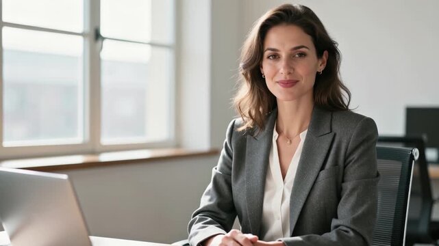 woman sitting desk laptop computer front wearing white shirt gray blazer smile face b