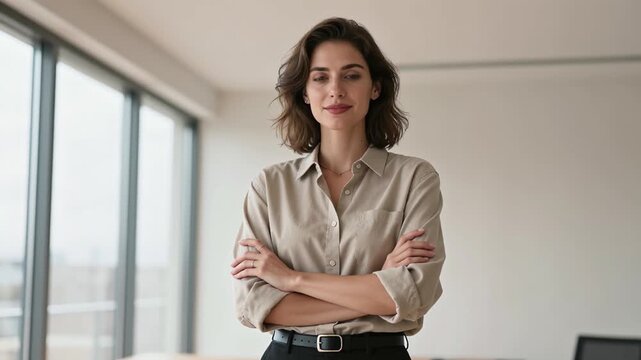 woman standing office arms crossed wearing belt table chair foreground wall gla