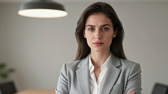 woman business suit standing front desk arms crossed desk laptop houseplant backgro