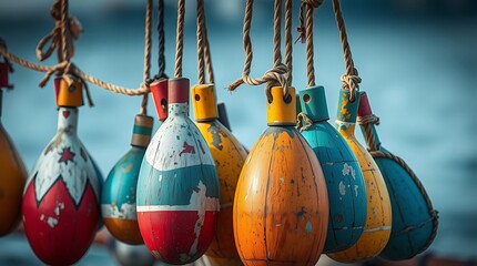 colorful weathered fishing buoys hanging from ropes in harbor