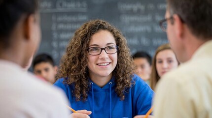 Teenage girl smiling while sitting at a desk in a classroom with classmates around her