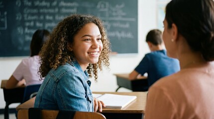 Smiling teenage girl sitting at desk in classroom with friends and teacher in background