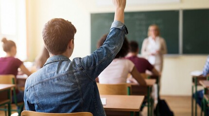 Student raising hand in classroom setting with teacher and classmates