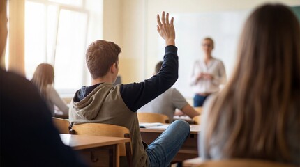 Students in a classroom with one raising hand to answer question in educational setting