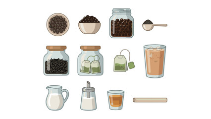 Bubble tea ingredients set. Boba milk tea DIY kit. Tapioca pearls, tea leaves, glass cup, sugar, milk jug. Knolling flat lay. Asian drink recipe. Vector illustration isolated.