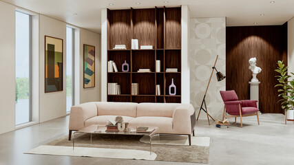 Naklejka premium Large luxury modern bright interiors Living room mockup illustration 3D rendering image