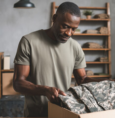African-American adult man packing clothes in cardboard box. Veterans lifestyle.