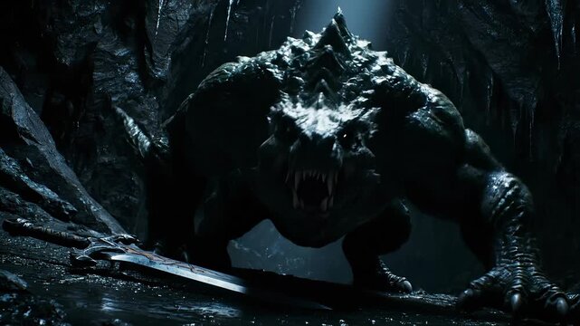 Fierce creature emerges from dark cave. Giant monster prepares to attack with sharp fangs and claws. Epic atmosphere enhances tension in thrilling adventure.
