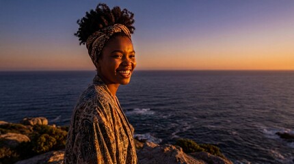 Smiling african american woman standing on rocky cliffside overlooking serene ocean at sunset with clear blue and orange sky