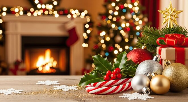 Christmas decorations with a fireplace in the background.