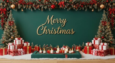 A festive green and red Christmas scene with a green wall, two Christmas trees, and a green table with candles and presents.