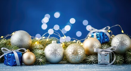 Christmas decorations with silver and gold ornaments and blue gift boxes on a blue background with bokeh lights.