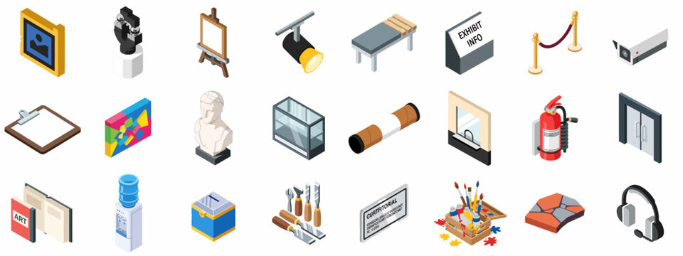 Isometric Collection of Art Gallery and Museum Items including Paintings, Sculptures, Exhibition Signs, Security Cameras, and Visitor Services.