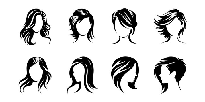 A collection of eight black and white silhouette illustrations showing various women's hairstyles Vector, illustration