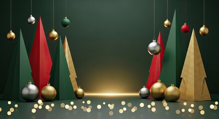 Christmas tree decorations with baubles and lights on a green background.