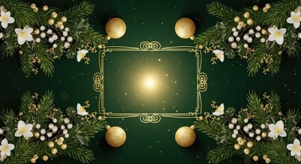 Christmas-themed green and gold frame with white flowers and berries on a dark green background.