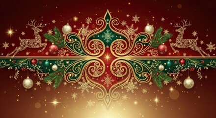 A festive Christmas-themed banner with gold and green ornaments, reindeer, and snowflakes on a red background.