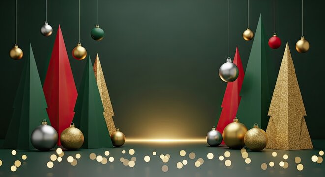 Christmas tree decorations with baubles and lights on a green background. - Powered by Adobe