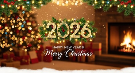 A cozy living room with a Christmas tree and a fireplace, decorated with lights and ornaments.