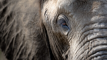Close-up of an elephant's eye showcasing intricate textures and details, concept of wildlife conservation, biodiversity, endangered species and environmental awareness, narrow banner