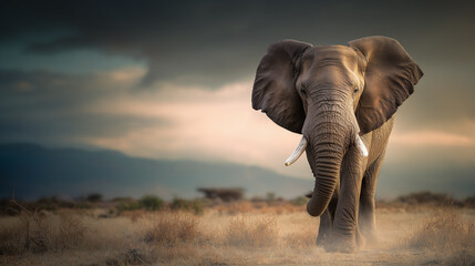 Obraz premium Majestic elephant walking through golden grassland under dramatic sky showcasing wildlife beauty, concept of wildlife conservation, biodiversity, endangered species and environmental awareness
