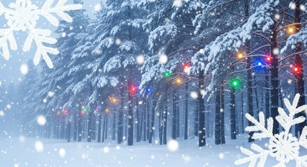 Snowy forest with Christmas lights, snowflakes, and a blue sky.