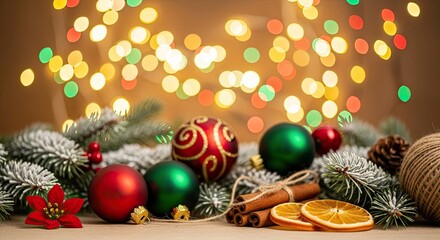 Christmas decorations with pine cones, pine branches, and orange slices on a wooden table with a bokeh background.