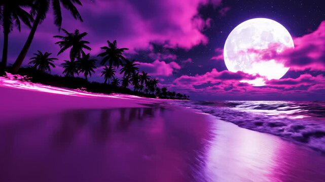 Synthwave tropical beach night full moon. Neon purple waves rolling shore palm trees silhouette. Surreal fantasy landscape animation