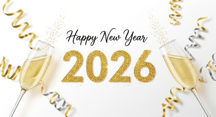 Two champagne glasses with gold glitter and confetti, celebrating the New Year 2026.