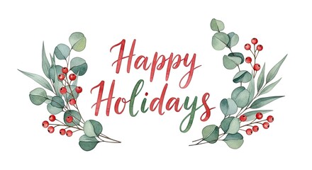 A festive wreath with green leaves and red berries against a white background.