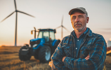 Adult mature rural man farmer in field at sunset time