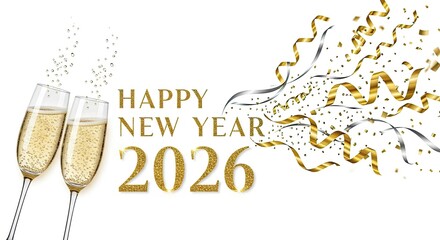 Two champagne flutes with champagne and confetti on a white background.