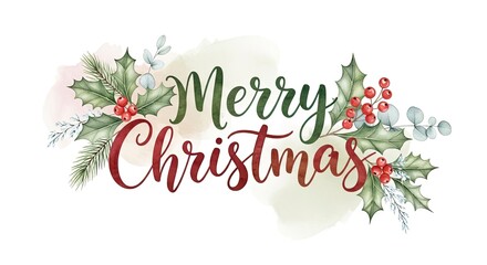 A festive Christmas wreath with holly, berries, and greenery on a watercolor background.