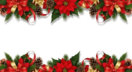 Christmas-themed floral and ribbon border with pine cones and poinsettias on a white background.
