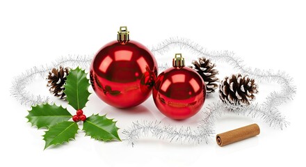 Christmas baubles and decorations with pine cones, holly leaves, and cinnamon sticks on a white background.