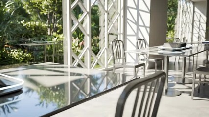 Outdoor patio table setup with silver serving dome placement. Elegant dining preparation in garden gazebo. Modern outdoor meal service concept