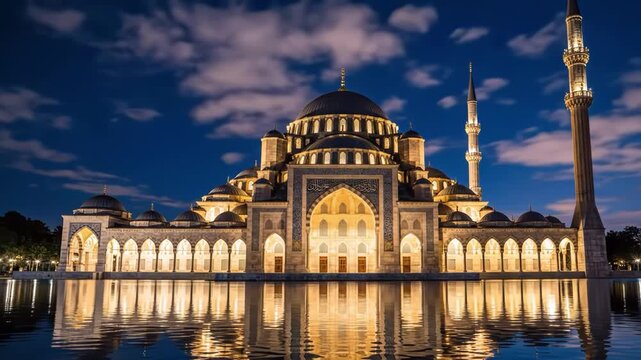 Mosque at night with illuminated domes and minarets