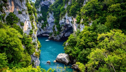 Deep canyon filled with turquoise water, lush greenery engulfing the rock walls