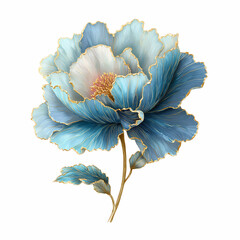 A closeup of a blue flower in bloom with delicate petals and leaves in a natural garden setting white background