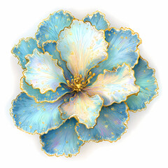 A closeup of a blue flower in bloom with delicate petals and leaves in a natural garden setting white background