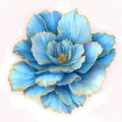 A closeup of a blue flower in bloom with delicate petals and leaves in a natural garden setting white background