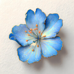 A closeup of a blue flower in bloom with delicate petals and leaves in a natural garden setting white background