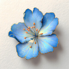 A closeup of a blue flower in bloom with delicate petals and leaves in a natural garden setting white background