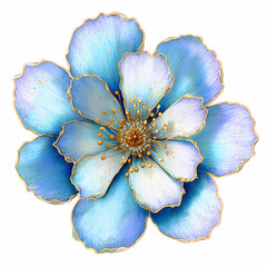 A closeup of a blue flower in bloom with delicate petals and leaves in a natural garden setting white background