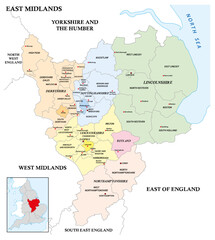 Administrative map of the English region of the East Midlands