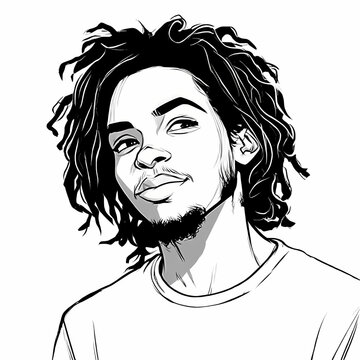 Light skinned black dude with fuzzy dreads hair in vector black and white