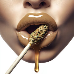 Macro close up of glossy lips with cannabis flower and dripping honey on white background