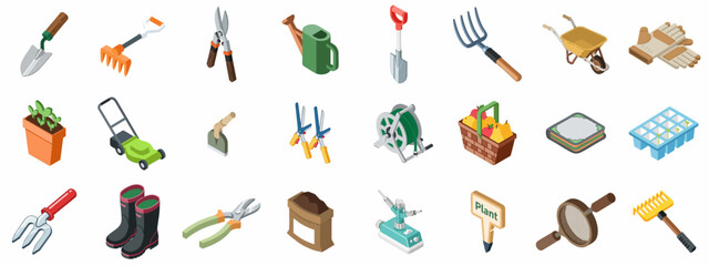Detailed isometric icons set of gardening tools and equipment including shovels, rakes, boots, wheelbarrow, watering can, and plants on white background. © Sabiqul