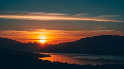 Fototapeta premium Serene mountain lake sunset with vibrant orange sky