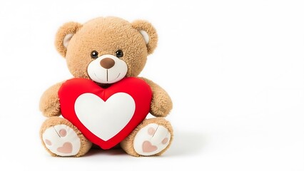Obraz premium Brown teddy bear hugging red heart with white center sitting on white background with pink paw pads